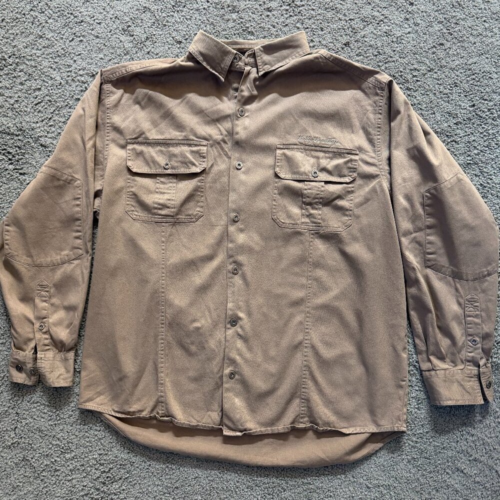 Harley Davidson Motorcycle HD Shirt Men Size XL in Khaki Brown Heavy Cotton -GUC